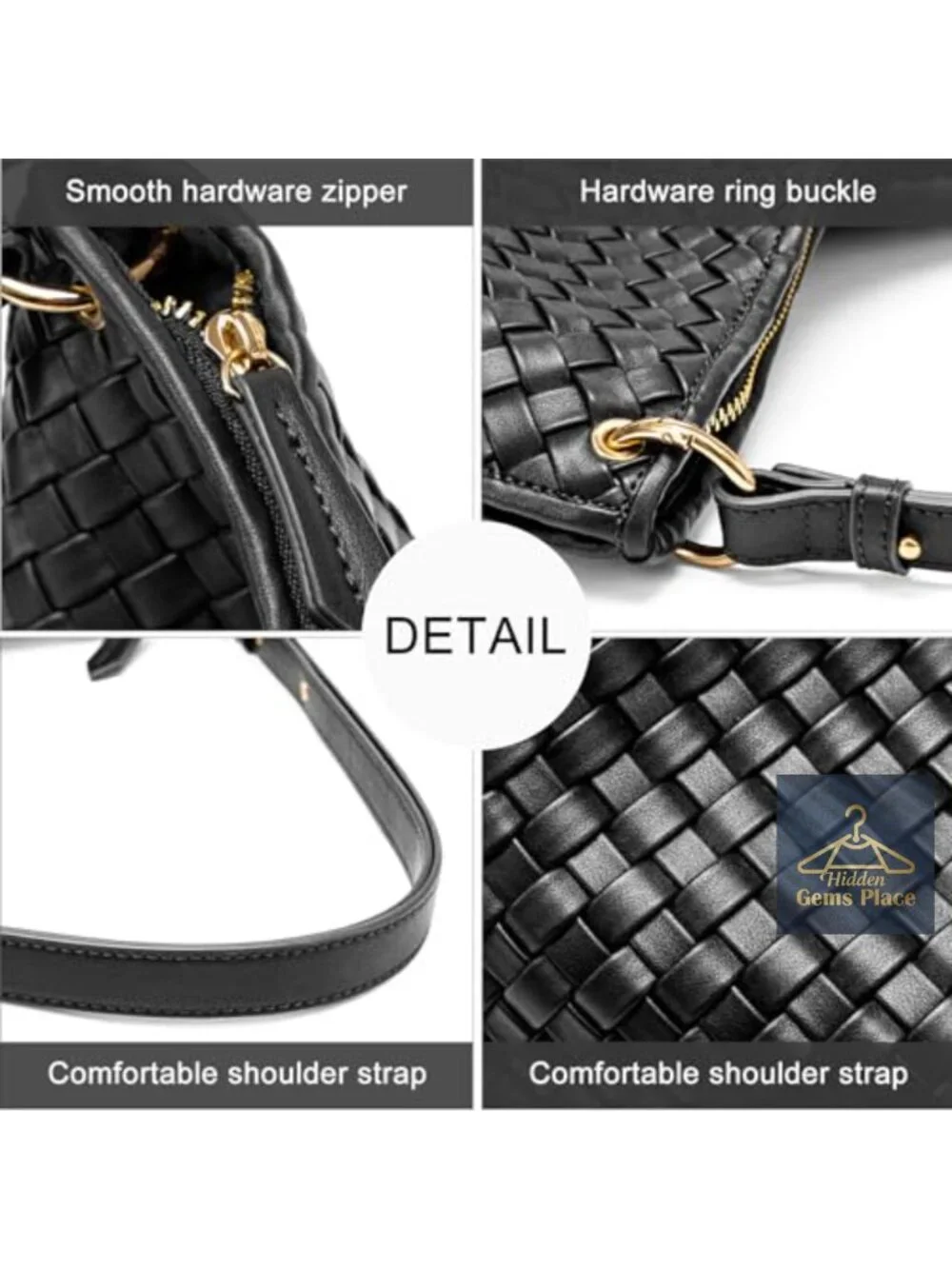 Woven Hobo Shoulder Bag Synthetic Leather Handbag with Zipper Pockets